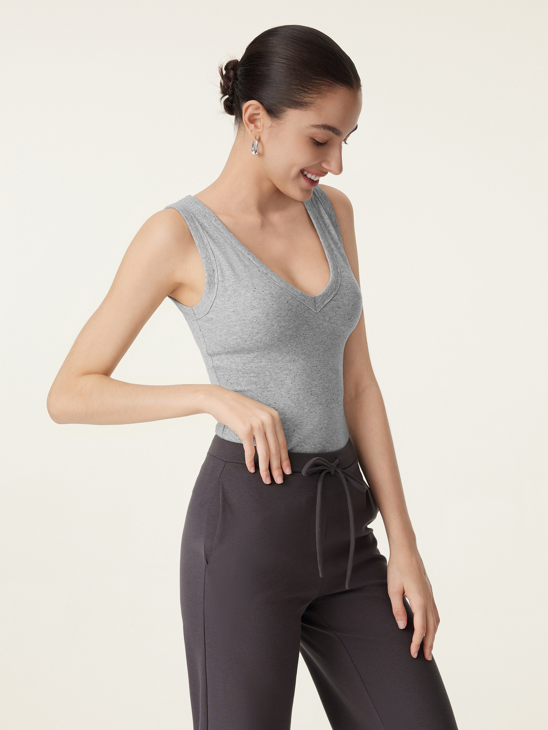 OGLmove Cotton Air Bra Tank V-Neck Stretchy Heather Grey