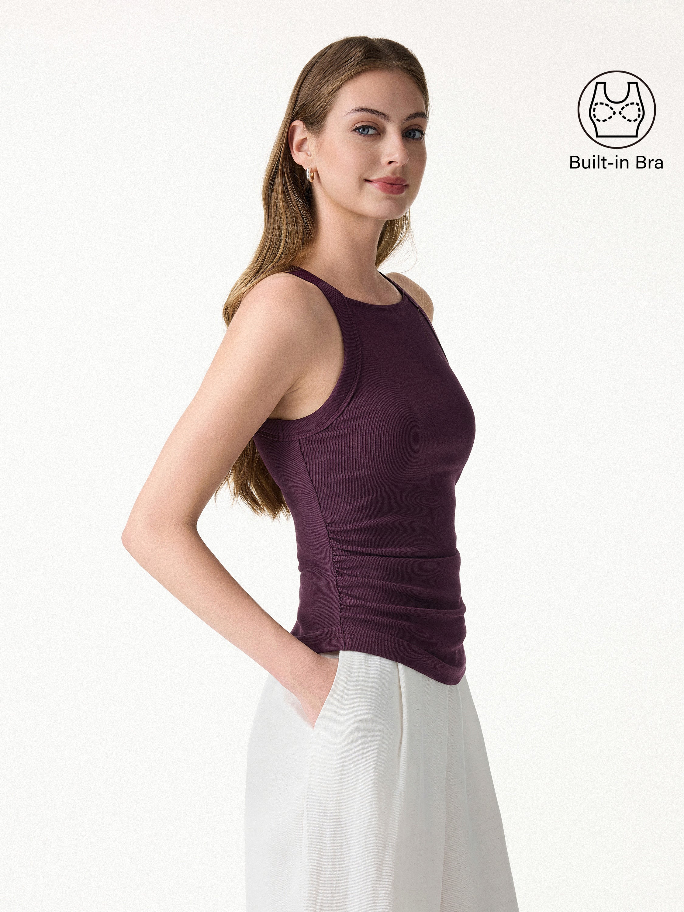 OGLmove Plantive Square Neck Ruched Rib Bra Tank Deep Fig