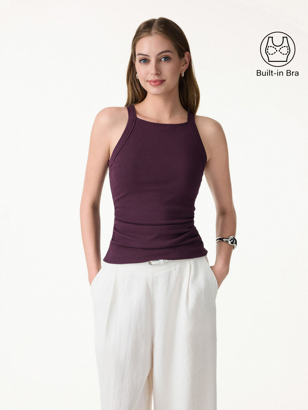 OGLmove Plantive Square Neck Ruched Rib Bra Tank Deep Fig