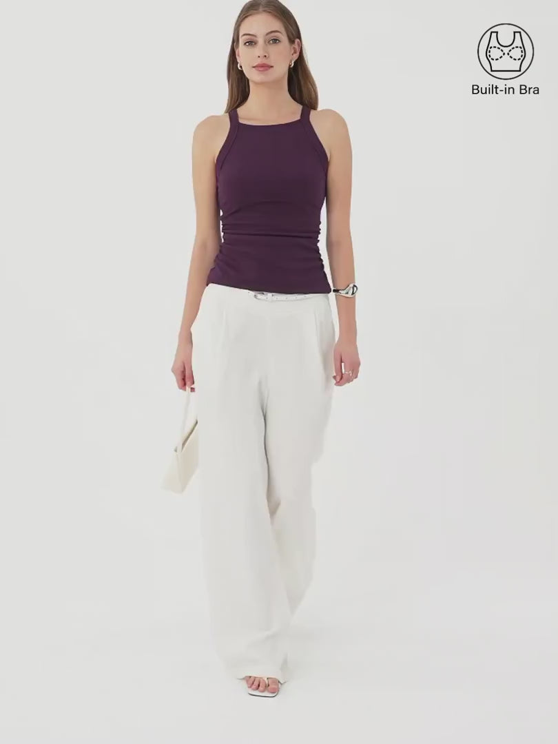 OGLmove Plantive Square Neck Ruched Rib Bra Tank Deep Fig